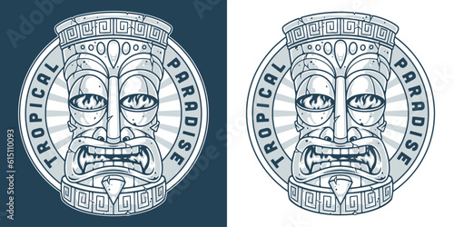 Tropical tiki mask monochrome poster