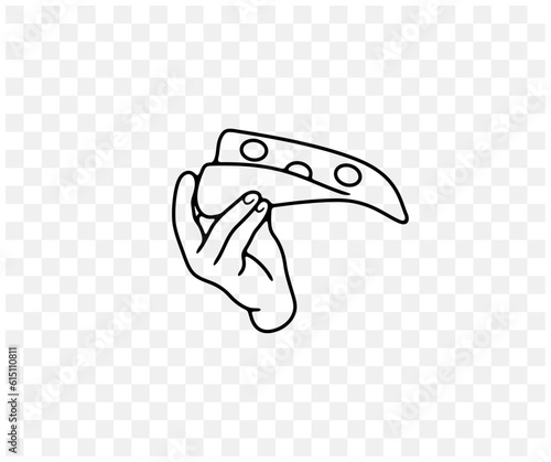 Hand holding a piece or slice of pizza, pizzeria, linear graphic design. Food, meal, eat, eating, eatery, canteen and catering, vector design and illustration