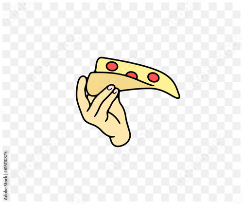 Hand holding a piece or slice of pizza, pizzeria, colored graphic design. Food, meal, eat, eating, eatery, canteen and catering, vector design and illustration