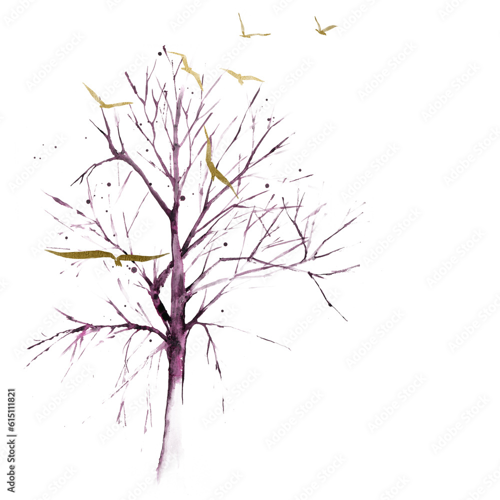 Fototapeta premium Old tree and a flock of birds, Watercolor trees.