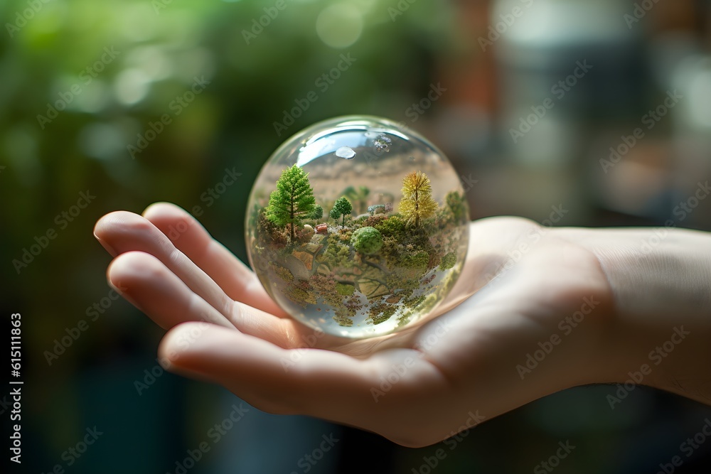 A tiny Glass Ball in the palm of a hand. Created with Generative AI Technology A tiny Glass Ball in the palm of a hand. Created with Generative AI Technology