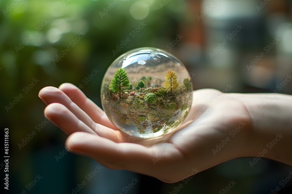 A tiny Glass Ball in the palm of a hand. Created with Generative AI Technology