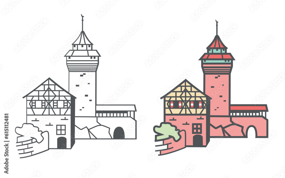 Illustration of Nuremberg Castle, isolated elements on the neutral background.