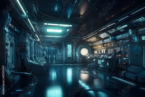 Futuristic space station hall. Generative AI © PIRMYN