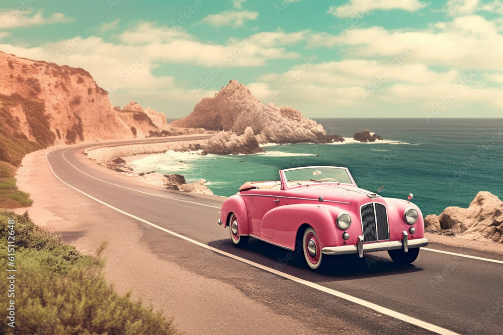 Pink convertible car driving along a coastal road with a romantic atmosphere, scenic background Generative AI - obrazy, fototapety, plakaty 