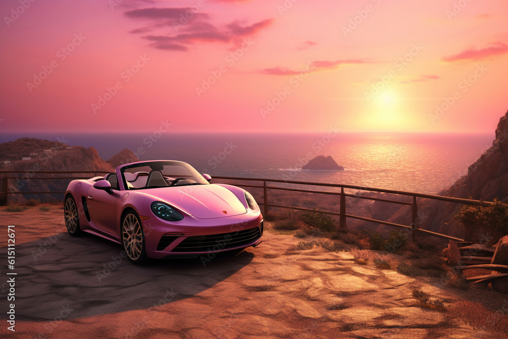 Pink sports car parked on a cliff overlooking a breathtaking sunset, evoking a romantic atmosphere, scenic background Generative AI