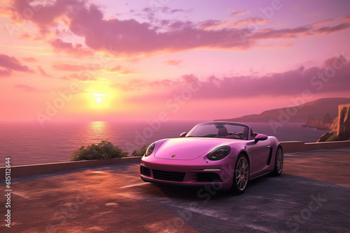 Pink sports car parked on a cliff overlooking a breathtaking sunset, evoking a romantic atmosphere, scenic background Generative AI © forenna