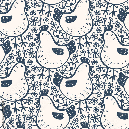 Seamless pattern with chickens and flowers. Vector illustration in doodle style.