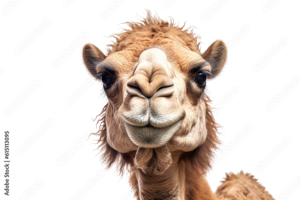 Portrait of an adult camel, head, isolated (Generative AI)