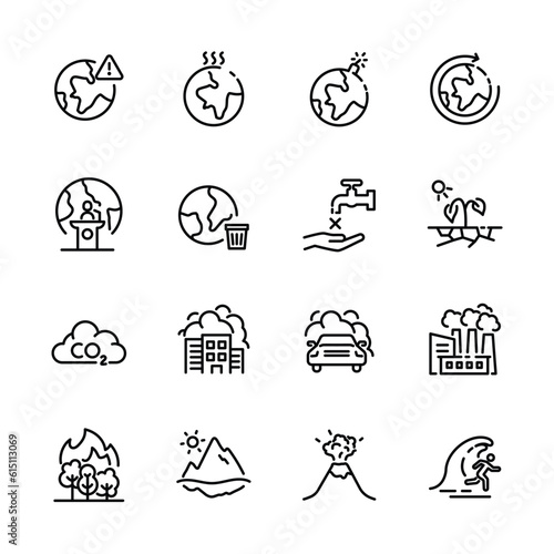 Set of climate change icons, Global warming effect , earthquake, flooding, extreme temperature, ice melting. vector illustration