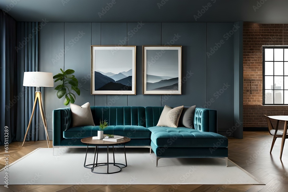 Fototapeta premium 3D mockup of canvas frame with a frame in a modern home, living room, bedroom interior background, showcasing a room in light pastel colors, Created using AI