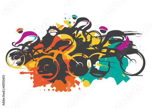 
Cycling race, expressive stylized.
Colorful Illustration of road cyclists in full speed. Imitation of hand drawing. Isolated on white background. Vector available.
