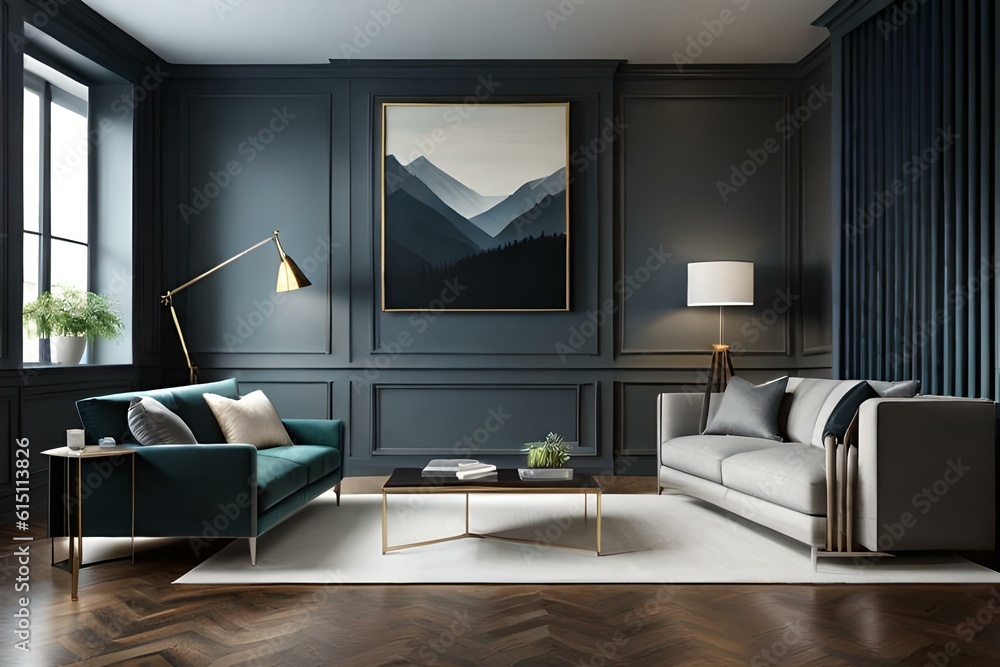 Fototapeta premium 3D mockup of canvas frame with a frame in a modern home, living room, bedroom interior background, showcasing a room in light pastel colors, Created using AI
