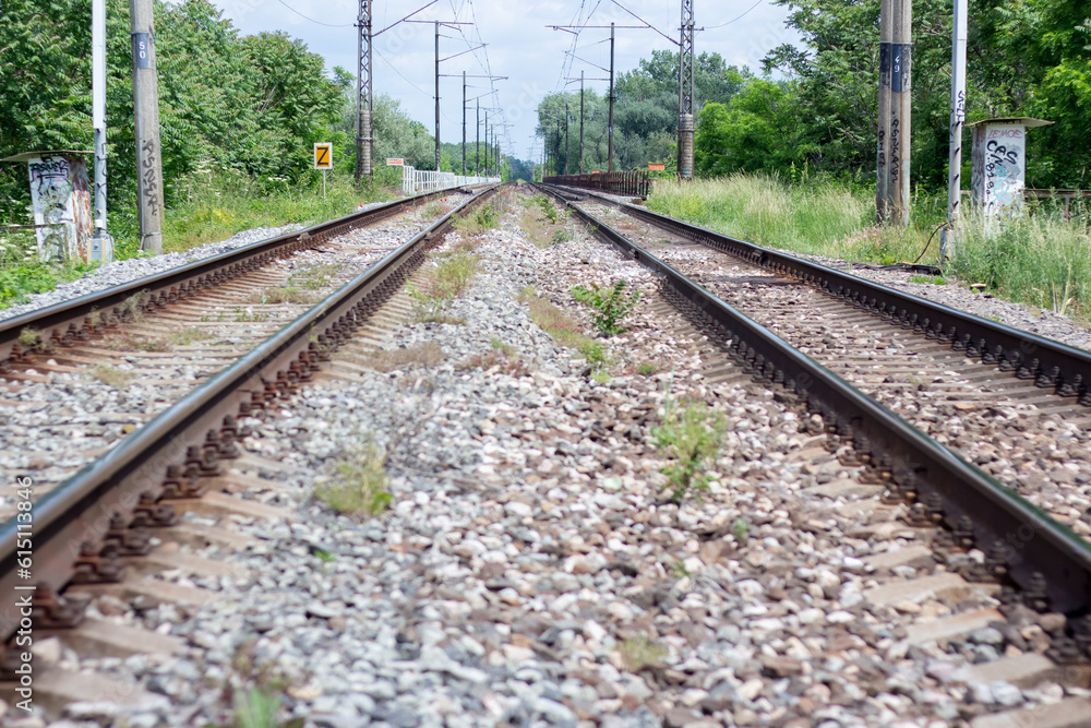 Fototapeta premium Railway track in summer. Close-up.
