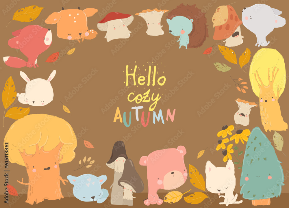 Cartoon Autumn Frame with Woodland Animals and Trees Stock Vector ...