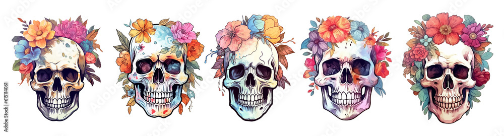 Set of floral human skulls watercolor style. Generative ai.