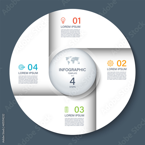 Vector infographic circle. Cycle diagram with 4 steps. Round chart that can be used for report, business analytics, data visualization and presentation. White template on dark background.