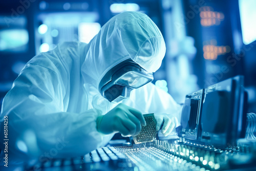 Scientist in coveralls working on a processor chip in a laboratory. Expert technician working on computer mainboard. Generative AI