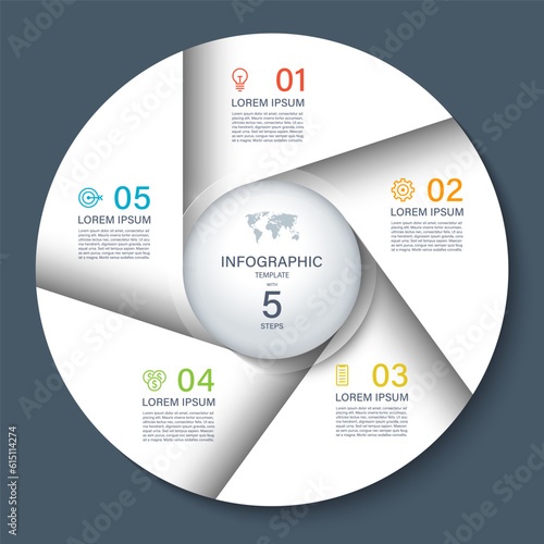 Vector infographic circle. Cycle diagram with 5 steps. Round chart that can be used for report, business analytics, data visualization and presentation. White template on dark background.