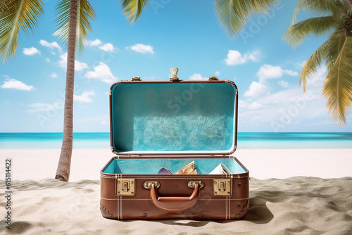 Opened suitcase  on a tropical beach with sand  palm trees and the sea. Generative Ai 