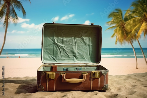 Opened suitcase, on a tropical beach with sand, palm trees and the sea. Generative Ai 