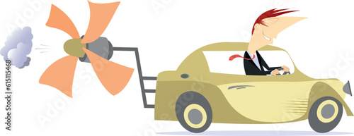 Man rides a car with propeller.  Smiling young woman rides on an ecologically clean urban vehicle tries to ride faster using a propeller. Isolated on white background