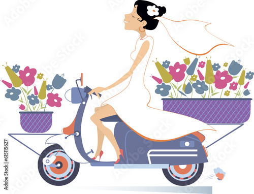 Young woman riding a scooter and bouquets of flowers. Pretty bride in the white dress and wedding veil riding a scooter with bouquets of flowers in baskets