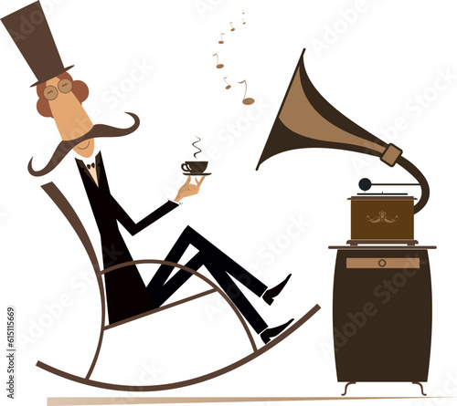 Man in the rocking chair, coffee, retro record player. 
Long mustache man in the top hat rests in the rocking chair with a cup of coffee and retro record player
