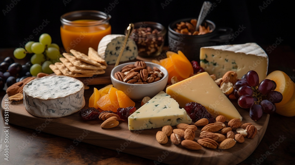 A platter of assorted gourmet cheeses, accompanied by dried fruits and artisan crackers A platter of assorted gourmet cheeses, accompanied by dried fruits and artisan crackers