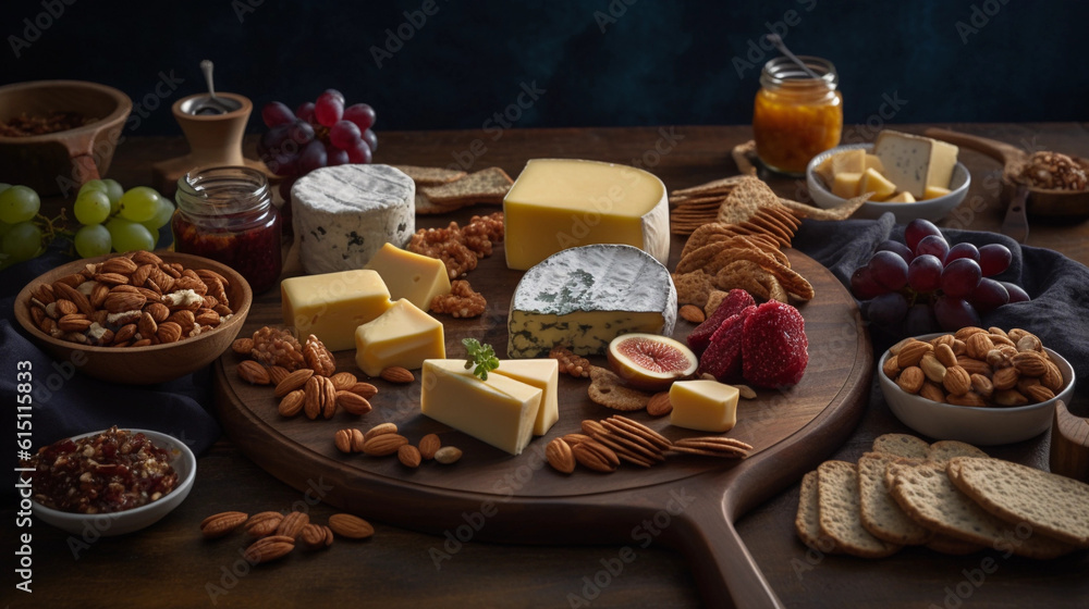 A platter of assorted gourmet cheeses, accompanied by dried fruits and artisan crackers