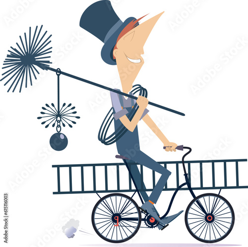 Cartoon cycling chimney sweeper illustration. 
Chimney sweeper on the bicycle with rope, chimney brush, ladder. Isolated on white background
