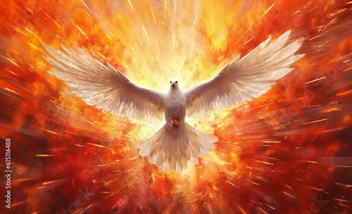 Dove of Divine Light: Depiction of the Holy Spirit as a Dove. The outpouring of the Holy Spirit and the dawn of golden light: symbols of Easter, the Eucharist and the dove. Generative AI,