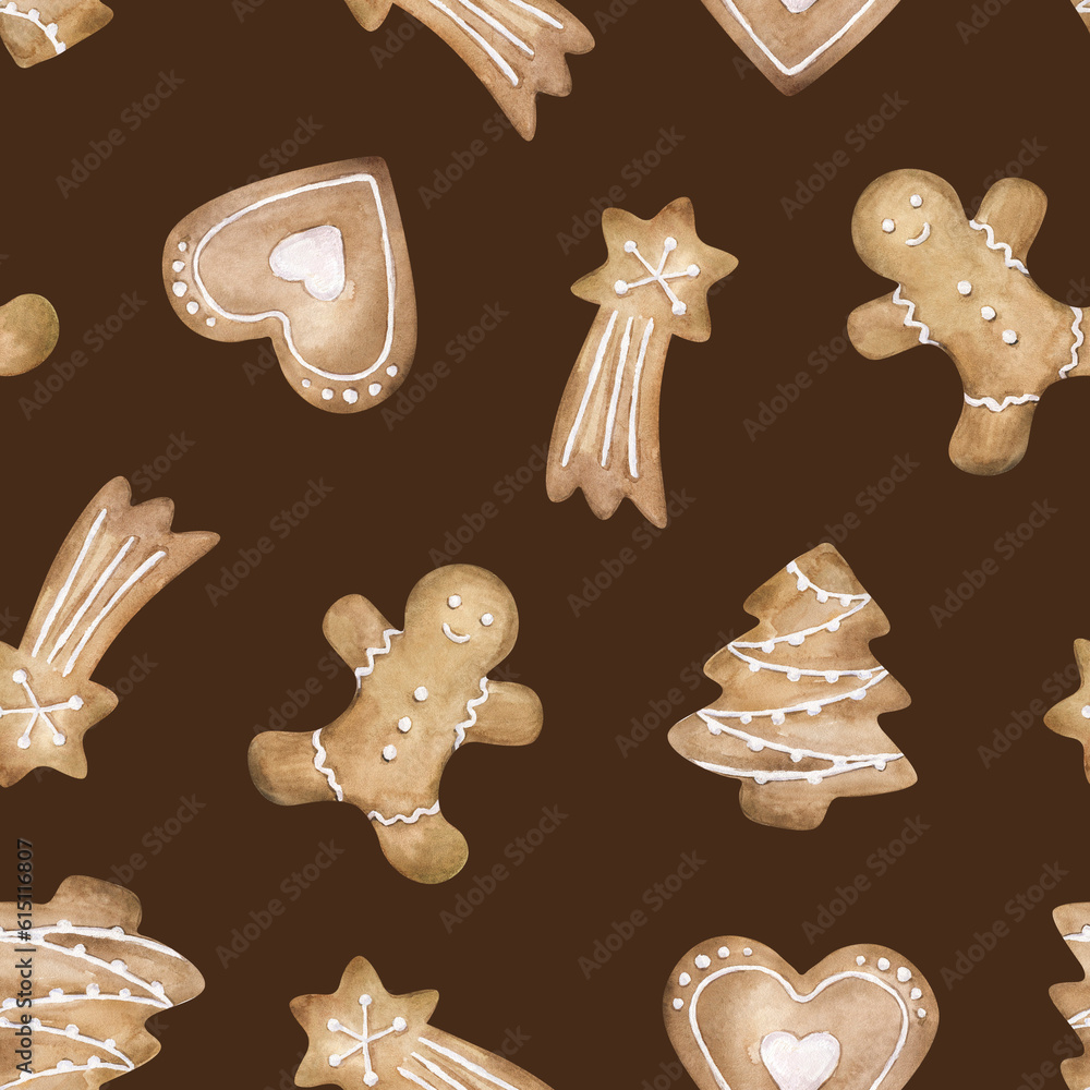 Watercolor seamless pattern with Christmas gingerbread cookies. Hand drawn illustrations of sweet biscuit man, star, heart, tree on brown background Watercolor seamless pattern with Christmas gingerbread cookies. Hand drawn illustrations of sweet biscuit man, star, heart, tree on brown background