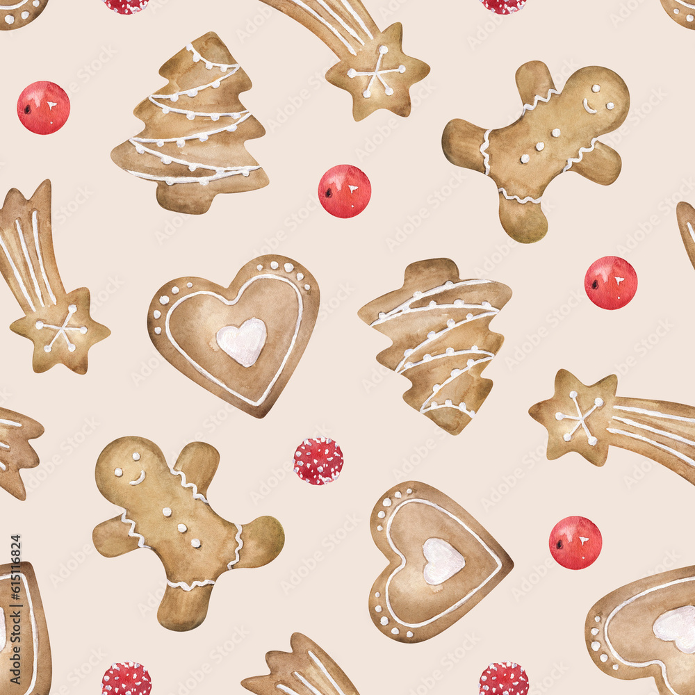 Watercolor seamless pattern with Christmas gingerbread cookies and red berries. Hand drawn illustrations of sweet biscuit man, star, heart, tree on beige background Watercolor seamless pattern with Christmas gingerbread cookies and red berries. Hand drawn illustrations of sweet biscuit man, star, heart, tree on beige background