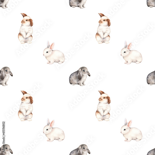 Cute seamless pattern with little rabbits. Watercolor hand drawn illustrations on white background. Kids design for cards, invitations, scrapbooking, textile, wallpaper, wrapper, Easter decor.