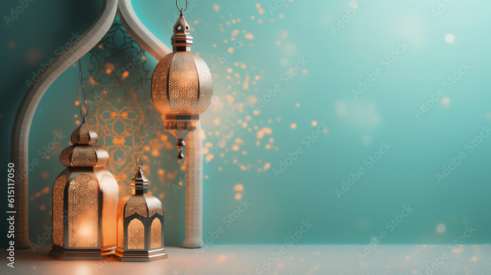 Islamic background with a hang lantern, with copy space for text, design concept of Ramadan Kareem Eid ul Adha Banner Background - obrazy, fototapety, plakaty 