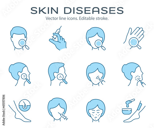 Skin diseases icons, such as psoriasis, sunburn, rosacea, bruise and more. Editable stroke. Change to any size and any colour.
