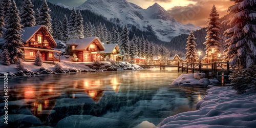 Leinwand Poster Winter Landscape and Village in the European Alps Christmas Advent Wallpaper Bac