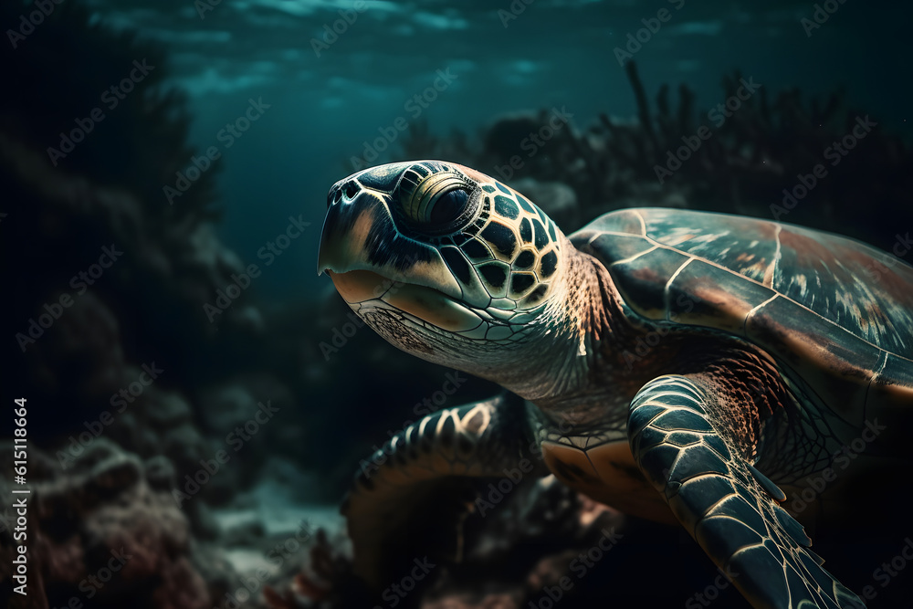 Fototapeta premium Hawksbill Turtle in the sea. Generative AI