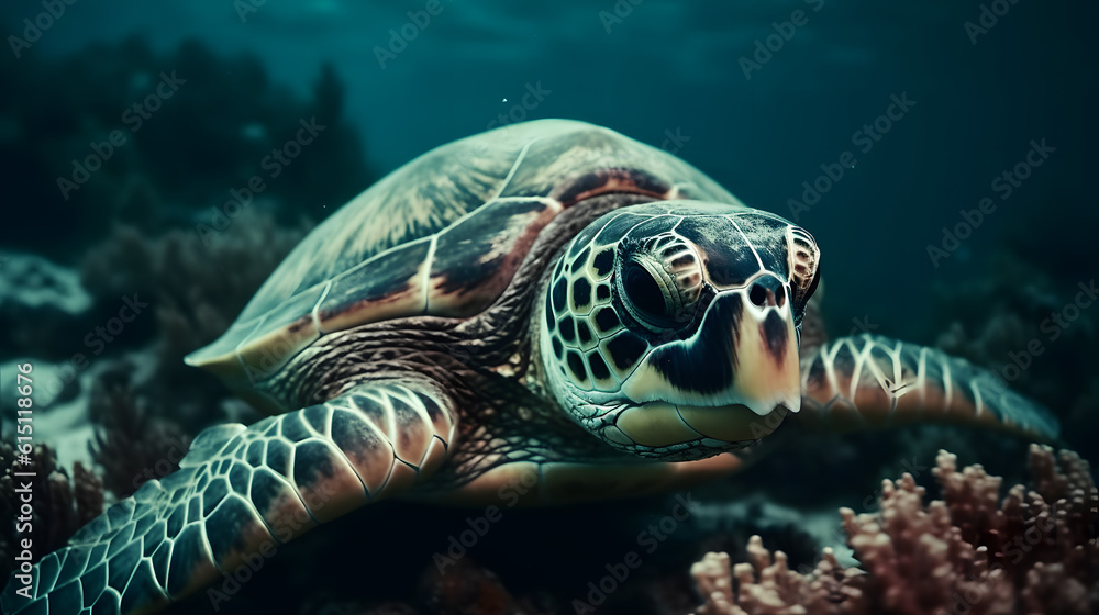 Fototapeta premium Hawksbill Turtle in the sea. Generative AI