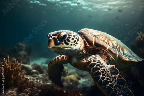 Hawksbill Turtle in the sea. Generative AI