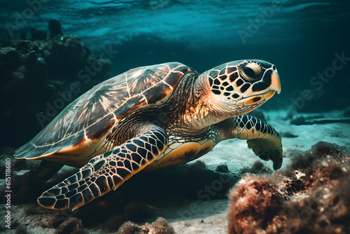 Hawksbill Turtle in the sea. Generative AI