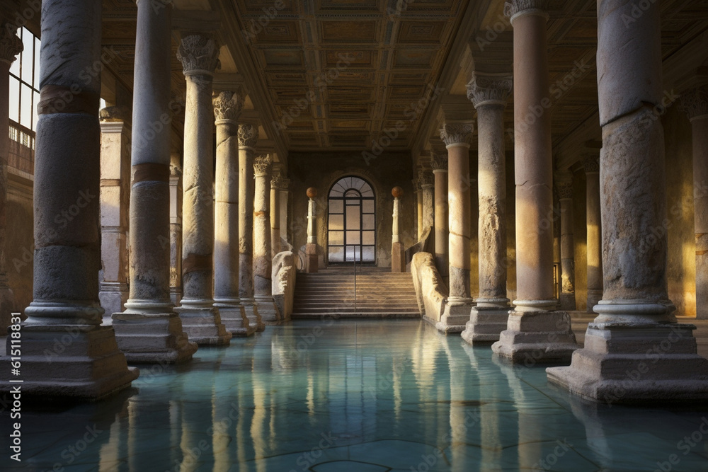 Serene view of the ancient Roman baths, with marble columns and a tranquil atmosphere Generative AI