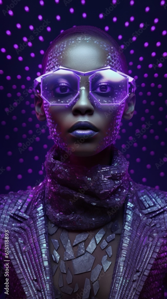 Fashionable female portrait of an artist in lilac glasses. Magazine cover girl. Fashion glasses design concept. Created with AI