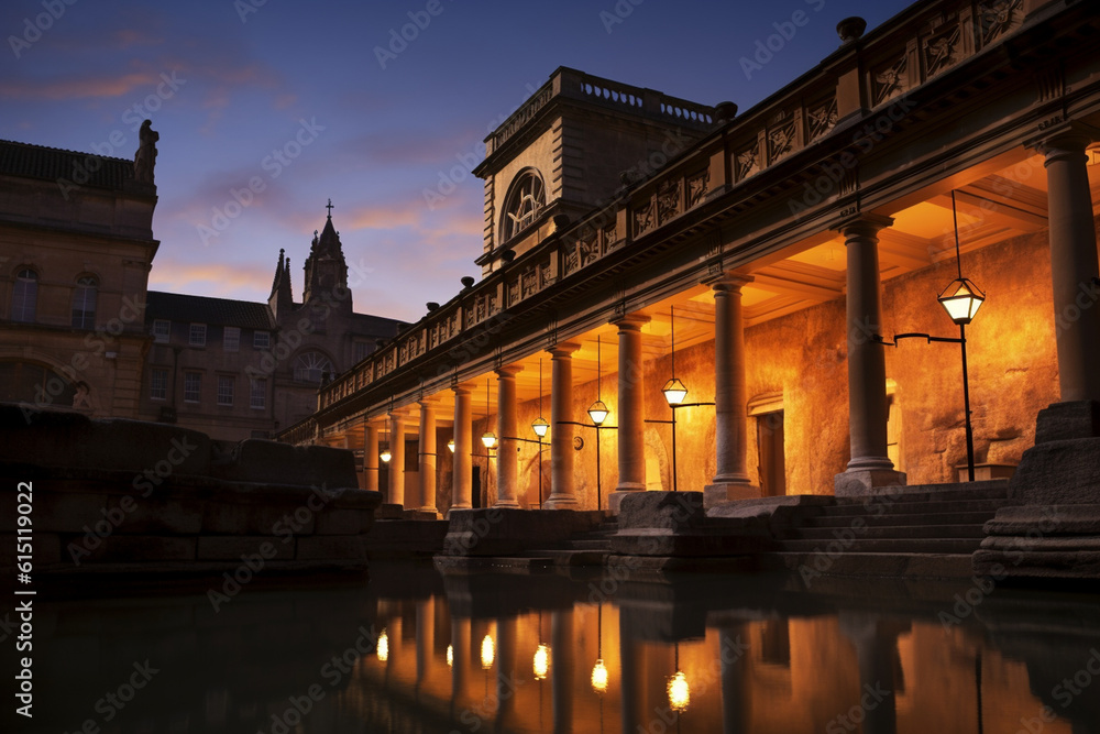 The Roman baths at twilight, illuminated by soft candlelight, evoking a sense of introspection Generative AI