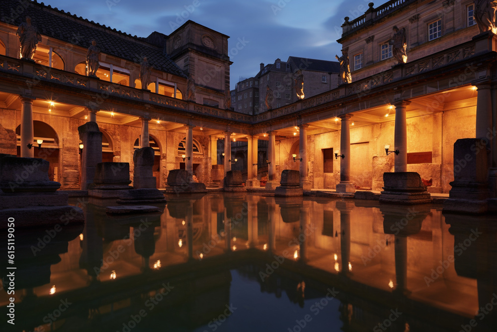 The Roman baths at twilight, illuminated by soft candlelight, evoking a sense of introspection Generative AI