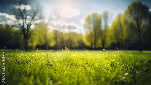 view spring nature with a neatly trimmed lawn surrounded by trees ,generative ai