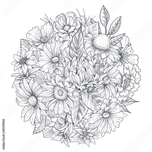 Flower bouquet hand drawn sketch illustration Wild flowers © kssss