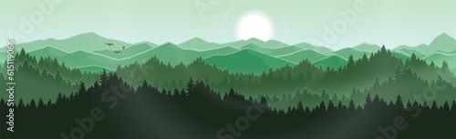 Vector scene of sunlit meadow and mountains.