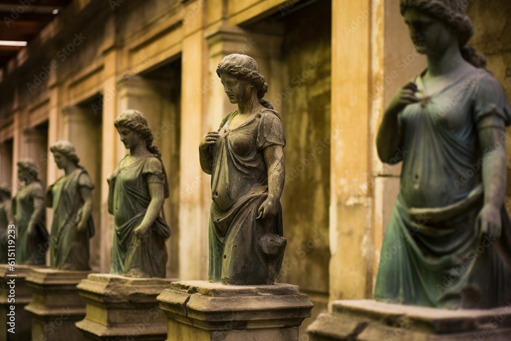 Delicate statues and sculptures lining the Roman baths, symbolizing the artistry of ancient Rome Generative AI